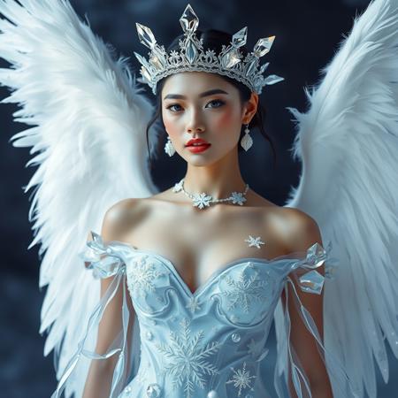 Avant-garde Christmas fashion, ethereal model in translucent crystalline gown resembling frozen waterfall, sweetheart neckline adorned with 3D snowflakes, floating geometric pieces of ice-like material around the dress, white feathered angel wings with metallic tips, crown made of illuminated crystal icicles, otherworldly atmosphere, high-end fashion photography, perfect lighting, 8k quality