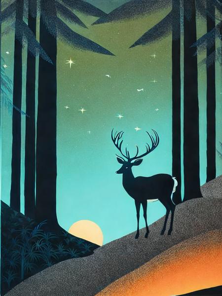 <lora:LotteReiniger:1>a painting of a deer standing in a forest at night with a sunset in the background by Lotte Reiniger