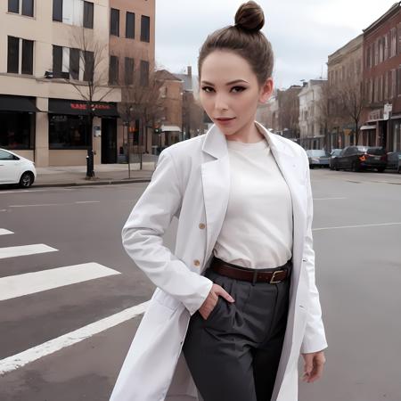 (masterpiece:1.2, best quality:1.2, high resolution),  <lora:Angel_Smalls_v2-04:1>, angel smalls, bun,  white coat, belt, sweater, trousers, solo,