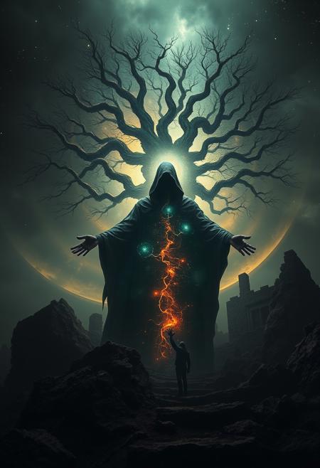 A universe inside a dark cloaked figure within mysterious landscape in an unfathomable realm of fantastic creation inhabited by ancient shadows of a forgotten time beyond the gate of the gateless gate where life is limitless, light is shadow and shadow is light, eerie sense, horror, spark of the beginning, existence and nonexistence at once, ethereal, outstretched arms, behold the end of the beginning, inglorious glory to the dark one, betrayal of the ancient order, beware the 7headed beast, destroyer of the old ways, bearer of the unbearable, nightmarish, archaic runes, tree aging backwards, breath of the gods, ruins of a place unimagined, extreme intricate detail, photorealistic, beyond epic scene, fate discarded, unseeable face of god, the end is the beginning, the beginning is the end, man arises as god dies, as above so below, as below so above, emerald tablet, thoth, guardian and saboteur of existence, hopeless hope, ghosts of the unborn, conception of the inconceivable, cosmic well of imperceptible perception, evil aura, infinite emptiness, pillars of void, overwhelming subtlety