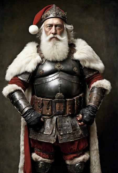 occidental bearded mature Santa Claus,  very muscular, vascular, heavy armour, leather armour, he wears a fur capeline, relaxed standing pose, dirty black coal arms and hands, grotesque environment, extremely beautiful, by Joel Peter Witkin