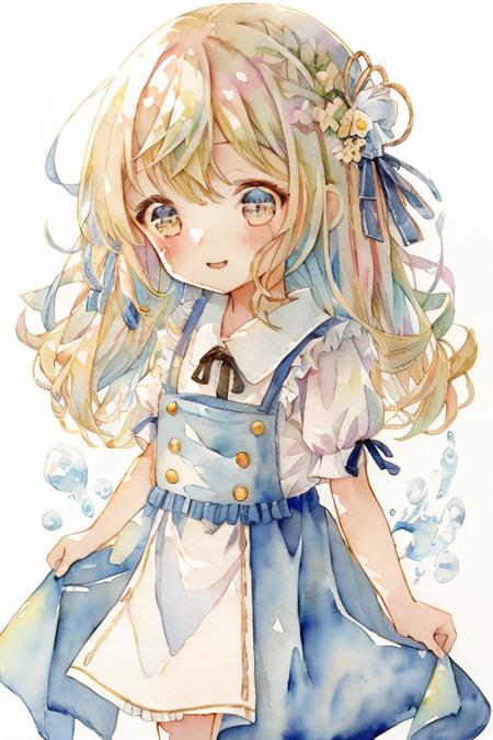 traditional media,chibi,watercolor \(medium\),watercolor background,1girl,blonde hair, blue eyes, blue dress, white apron, alice \(alice in wonderland\),  <lora:yukoring-000010:1>