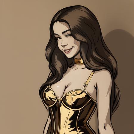 oil canvas a woman in a gold dress posing for the camera, madison beer girl portrait, brown corset, lulu chen, shy smile, speedster, spy, top secret style photo, at the party, dark tv show style, discord moderator, full body visible, scandal sheet, showing forehead, leg, her hand is on her waist, low res, sydney sweeney, isabela moner withLora(brante_stye2,0.95)