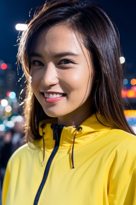 1girl,(wearing a yellow jacket),(RAW photo, best quality), (realistic, photo-realistic:1.4), masterpiece, an extremely delicate and beautiful, extremely detailed, 2k wallpaper, Amazing, finely detail, extremely detailed CG unity 8k wallpaper, ultra-detailed, highres, soft light, beautiful detailed girl, extremely detailed eyes and face, beautiful detailed nose, beautiful detailed eyes,cinematic lighting,city lights at night,smiling,perfect anatomy,