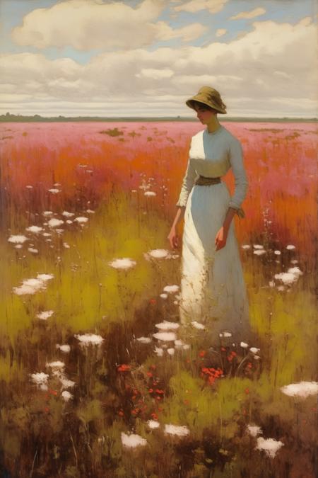 <lora:William Langson Lathrop Style:1>William Langson Lathrop Style - 101585.William Langson Lathrop.A woman walking through wildflowers in the Flanders Moss National Nature Reserve is the focus of this attractive painting. The composition showcases her peaceful wanderings through a flourishing peatland habitat, where sundews, cotton grass, and bog rosemary thrive in a delicate harmony of reds, whites, and soft blues. The scene is enveloped by the unique, expansive landscape of the moss, with the distant hills rising softly along the horizon. A gentle breeze rustles the wildflowers and the woman's flowing dress, capturing the timeless draw of Scotland's wild and untamed peatlands.