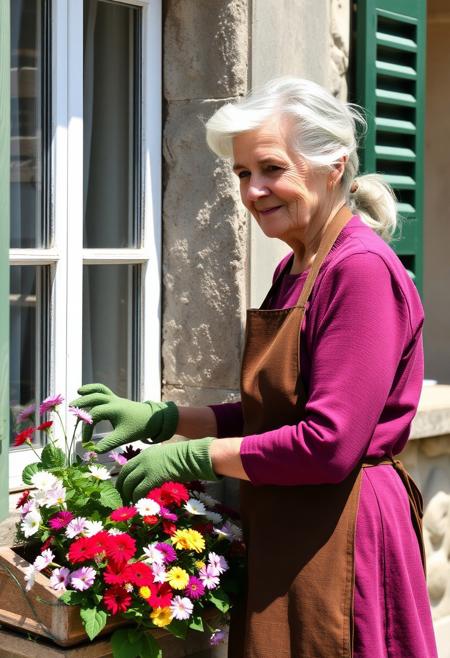 A gentle looking old lady tending to her flowers in her windows box. On a sunny day in northern italy, this older lady is wearing fashionable every day clothes, she has a dreamy expression and a little smile as if she was remembering good times, her wavy white hair loosely tied in a pony tail, she wears green gloves and an apron. She stands outside by the windows of her stone house. She is delicately tending to her flower window box full of pretty colorful flowers. A perfect calm atmosphere for a delicious day.