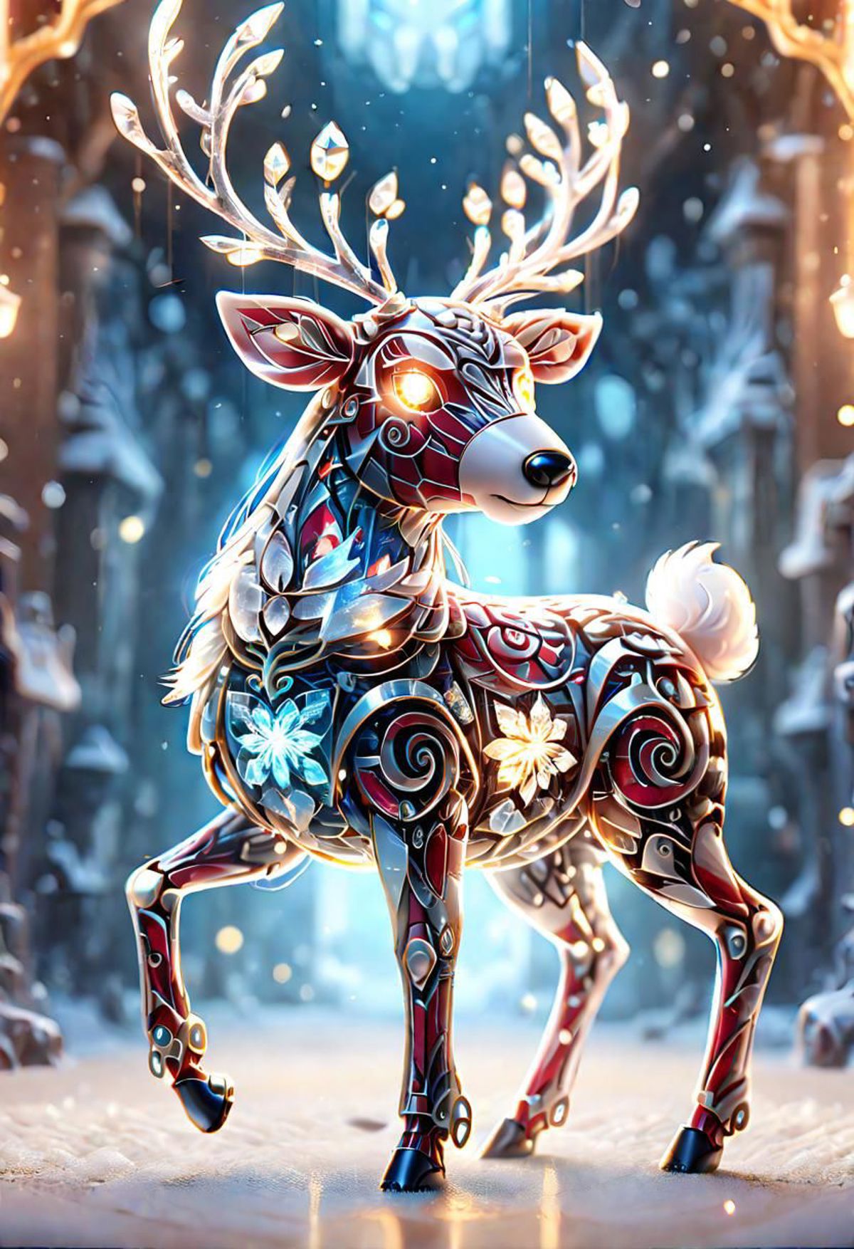 A beautifully decorated reindeer with antlers, painted with red, white, blue, and green colors, stands in the snow.