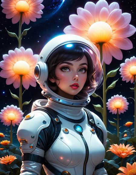<lora:add-detail-xl:1>,  digital art, dream fantasy, a woman standing wearing a space suit, surrounded by large bulbous glowing flowers, night time, alien planet, ominous glow, large cartoon eyes, perfect face, full lips, detailed features, dramatic lighting