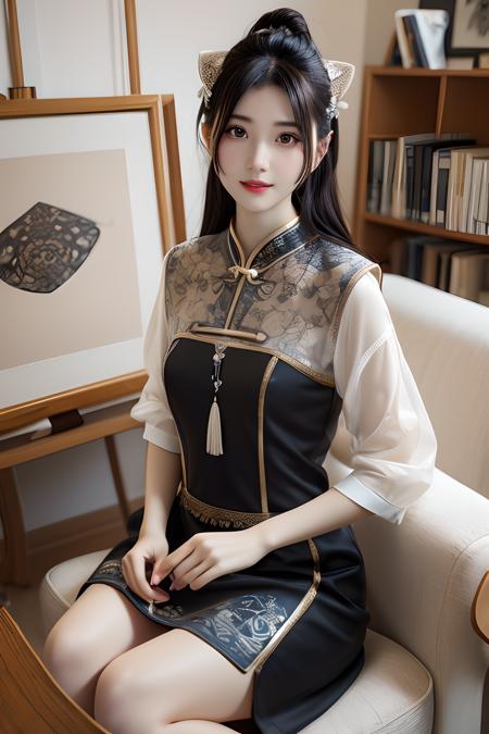 Realistic style,  masterpiece,  top quality,  intricate,  8K,  HDR,  cinematic lighting,  precise details,  accurate human anatomy,  the entire body in the frame.  A girl and a cat,  the girl wearing a black short dress with many traditional Chinese cultural patterns and designs,  such as motifs and paintings. The dress is natural/flowing/elegant,  with a genuine expression and a smile.  They are seated on a large yellow crescent moon against a dark sky background,  adorned with numerous small star-shaped pixels.",  junior sister,  girl,<lora:EMS-12225-EMS:-0.400000>,<lora:EMS-258646-EMS:0.800000>