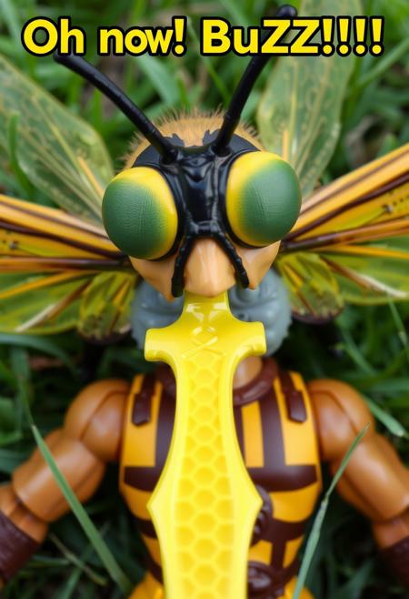 Caption in yellow "Oh no!  BUZZ!!!!" Surprise, fear, big compoind eyes, fly eyes, He-man action figure. Photograph of plastic toy.  Insect eyes, yellow insect wings, striped brown and yellow shirt.  Honeycomb sword.  view from above, dropped in the grass,
