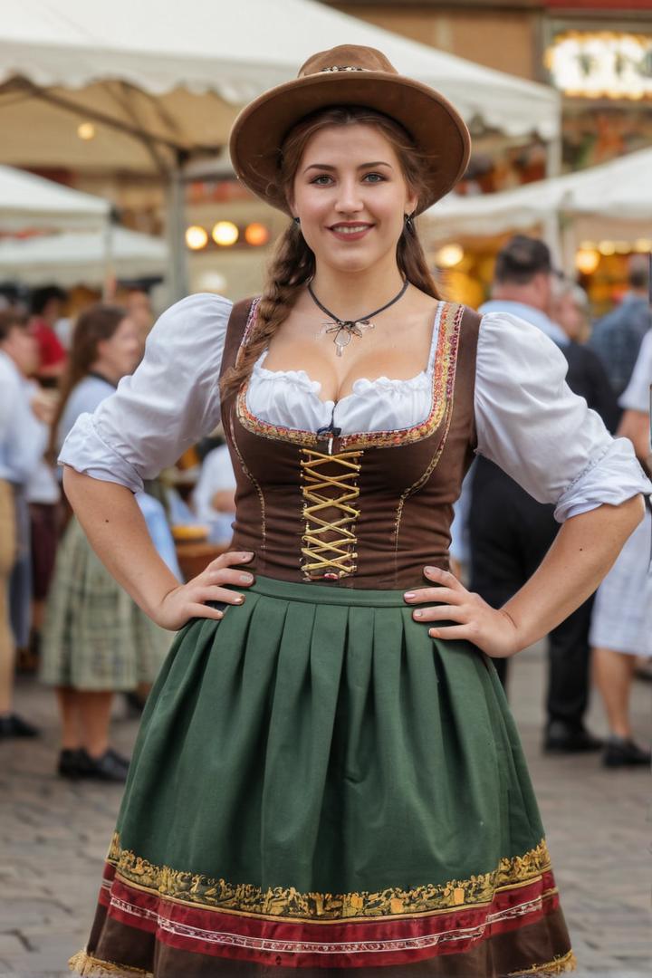 Curvy bavarian woman during oktoberfest, long skirt, extremely detailed clothing