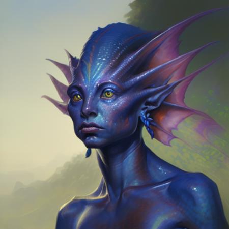 Close-up Portrait of a Assyria Sapphire Merfolk_Person, Fantasy, Medieval, Volumetric lighting, concept art, brush stroke style, artstation, trending, highly detailed, art by greg rutkowski.