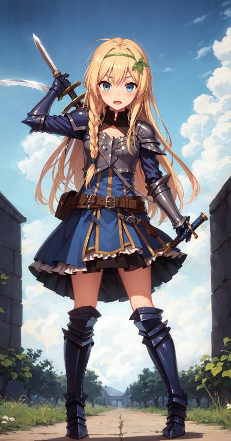 ((masterpiece,best quality)), 1girl, (:1.3), solo, long hair, very long hair, looking at viewer, small breasts, braid, ahoge, hairband, fruit, side braid, iris, hair ornament, <lora:iris_konosuba_v2:0.7>, open mouth, skirt, gloves, shirt, long sleeves, very long hair, (holding, weapon, holding weapon, holding sword:1.3) standing, braid, hairband, boots, sky, day, sword, outdoors, cloud, miniskirt, blue footwear, blue sky, knee boots, blue shirt, blue footwear, armor, black gloves, gauntlets, armored boots, armored dress, blue gloves, arm guards, armored version, breastplate, side braid, blue skirt