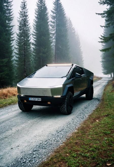 cybertruck gleaming, front view, front view, path in Swiss Alps forest, foggy, pine trees, 4K, highly detailed, grainy analog 35mm film photo