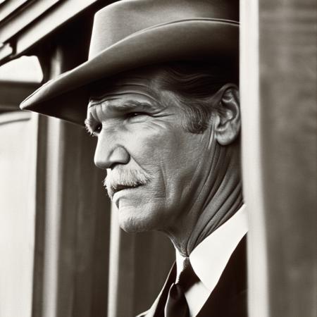 close up movie scene outdoor Jeff Bridges wearing vintage 1890's era formal suit standing at a frontier train station  cinema768-BW