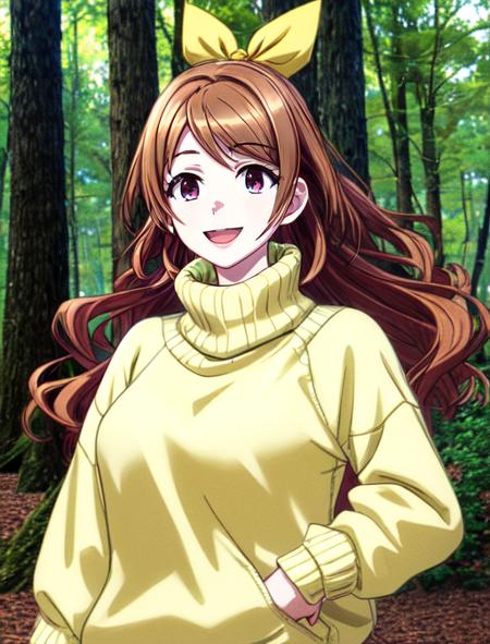 best quality, masterpiece, highres, detailed, digital artwork, <lora:Detail - add_detail:0.2>, EikoHozuki, brown hair, ^_^, happy, cheerful, yellow sweater, turtleneck, outdoors, forest, <lora:EikoHozuki-10:0.8>, hair bow,