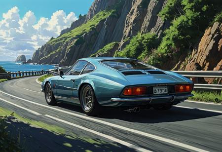 (studio ghibli digital drawing), best quality, masterpiece, extremely detailed,  professional  art,  professional painting, an extremely delicate and beautiful, dynamic,  great lighting, perfect shading, professional shading, depth of field,   side soft light, elegant, gorgeous, highly detailed,   full shot, uncropped,   pure genious, absolutely perfect,  highly detailed, breathtaking, classig sports car, powerful and brutal, retro futuristic, dynamic turn around a corner, beautiful coastal road,