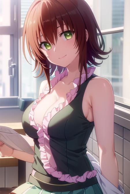 ryoukomikado, <lora:ryouko mikado darkness-lora-nochekaiser:1>,
ryouko mikado, short hair, hair between eyes, (green eyes:1.5), red hair, hair intakes, smile,
BREAK skirt, shirt, thighhighs, cleavage, frills, sleeveless, black skirt, sleeveless shirt, pink shirt, frilled shirt,
BREAK indoors, classroom,
BREAK looking at viewer, (cowboy shot:1.5),
BREAK <lyco:GoodHands-beta2:1>, (masterpiece:1.2), best quality, high resolution, unity 8k wallpaper, (illustration:0.8), (beautiful detailed eyes:1.6), extremely detailed face, perfect lighting, extremely detailed CG, (perfect hands, perfect anatomy),