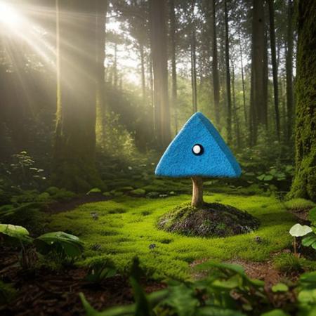 A hyper-realistic painting featuring a three-dimensional blue triangle with human eyes and a mouth, clearly expressing an emotion such as sadness or joy. The triangle should have realistic textures and lighting, making it appear as part of the physical world. It is set in a lush, vibrant forest at dawn, with sunlight filtering through dense foliage, illuminating the moss-covered ground and small wildflowers. Birds and woodland creatures add life to the serene setting. The triangle should blend seamlessly into the environment despite its surreal form, creating a striking contrast between the natural beauty of the forest and the lifelike, anthropomorphic triangle