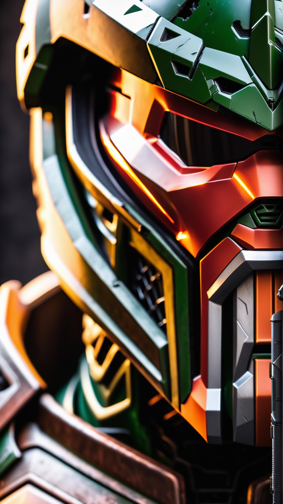 A close-up of a green, red, and black robot head.