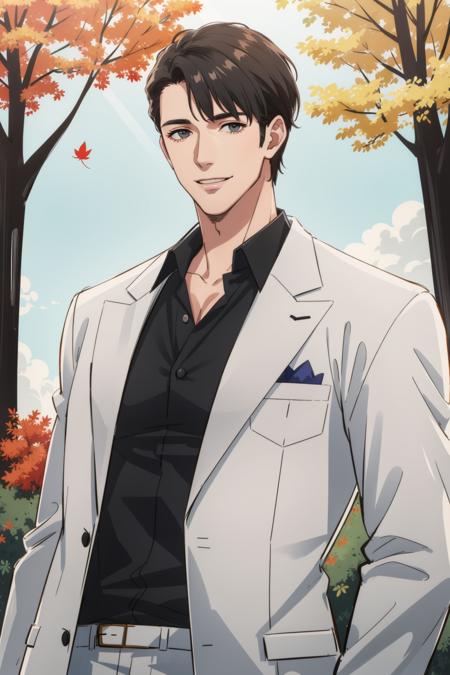 masterpiece, best quality, 1 male, adult, mature, tall muscular guy, handsome, suit, white coat, forest, smile, outdoor, autumn, sunlight, sunshine