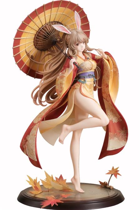 garage kit, 1girl, animal ears, solo, rabbit ears, umbrella, oil-paper umbrella, long hair, white background, barefoot, full body, brown hair, leaf, chinese clothes, simple background, standing, japanese clothes, ponytail, kimono, standing on one leg, wide sleeves, autumn leaves, bare legs,
best quality, high quality, <lora:garage_kit-000014:0.65>,