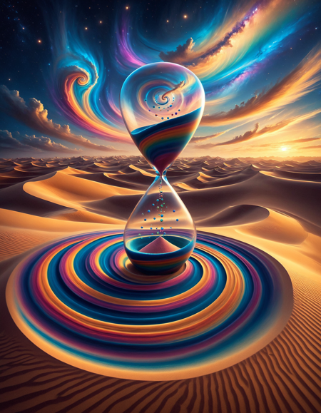 masterpiece, best quality, absurdres, ultra-detailed, colorful surreal desert landscape, a gigantic artistic hourglass centered in the dunes, swirling multicolored sand spiraling outward in vibrant gradients, glowing reflections on the glass, soft shadows on the ground, surreal distortions in the sand, floating dust particles, tiny whimsical details like a camel caravan or a signpost reading âfutureâ, abstract flowing shapes in the distance, magical sky with soft clouds and faint stars, cosmic vibes, dreamlike mood, (sandswirl:1.2), (swirling sand:1.1)
<lora:SandSwirlLoRa:1>