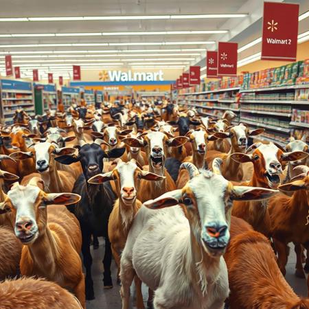 A herd of goats storms Walmart at 2 pm sharp, baaing excitedly as they compete in a chaotic “Switch 2” rush—each convinced they deserve one.