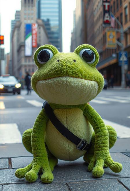 A soft cute , wise and cheerful stuffed frog named Freddy, happily arrives downtown in a big city looking for fun adventure with others