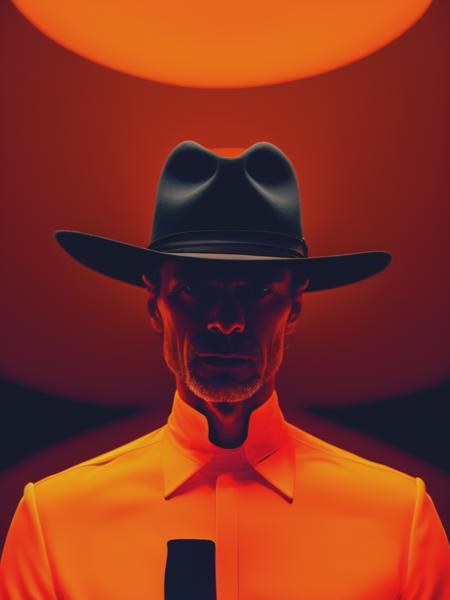 <lyco:RogerDeakins:1.0> Patrick clair westworld opening title video style scene of creation of life, all in shades of yves Fluorescent orange . wisdom, silence, melancholy, volumetric light, slight spots of black haze, hasselblad 80mm lens f4 photograph by annie liebovitz and patrick clair