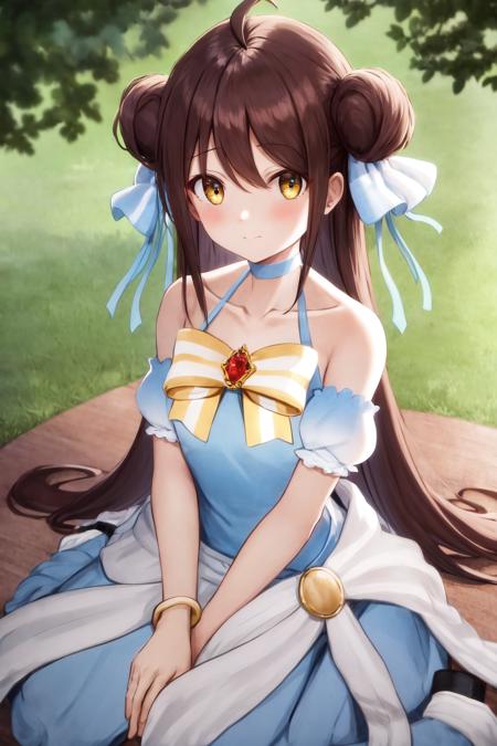 masterpiece, best quality, highres, 1girl ahoge, choker bow blue dress bare shoulders detached sleeves jewelry bracelet <lora:falanya:1> sitting, wariza