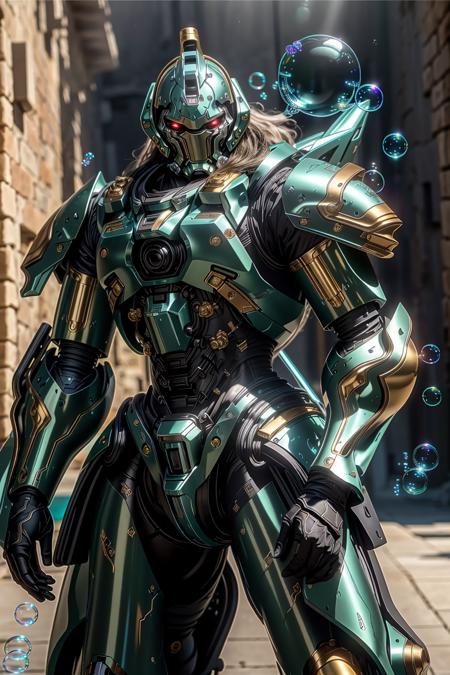 <lora:zzmckzz_v1:1>
masterpiece, highly detailed photorealistic 8k raw photo, volumetric lighting and shadows, best quality 
teal metallic mecha, glowing texture, (Posing as if blowing bubbles:1.2)
clear and defined dungeon background