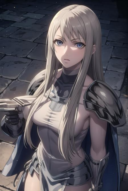 galatea, long hair, blonde hair, very long hair, (grey eyes:1.5), boots, cape, armor, knee boots, grey skin,