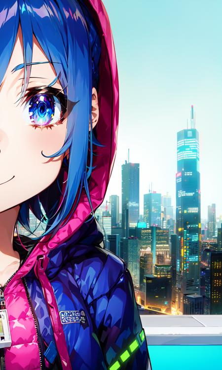 denonbu art style, neon lights, cyberpunk, LED,  cityscape, cinematic angle, synthwave,
1girl, solo, multicolored hair, gradient hair, blue hair, cool, sexy, detailed eyes, low twintails, innocent, light smile, hoodie, hood down, coat, open clothes, close-up