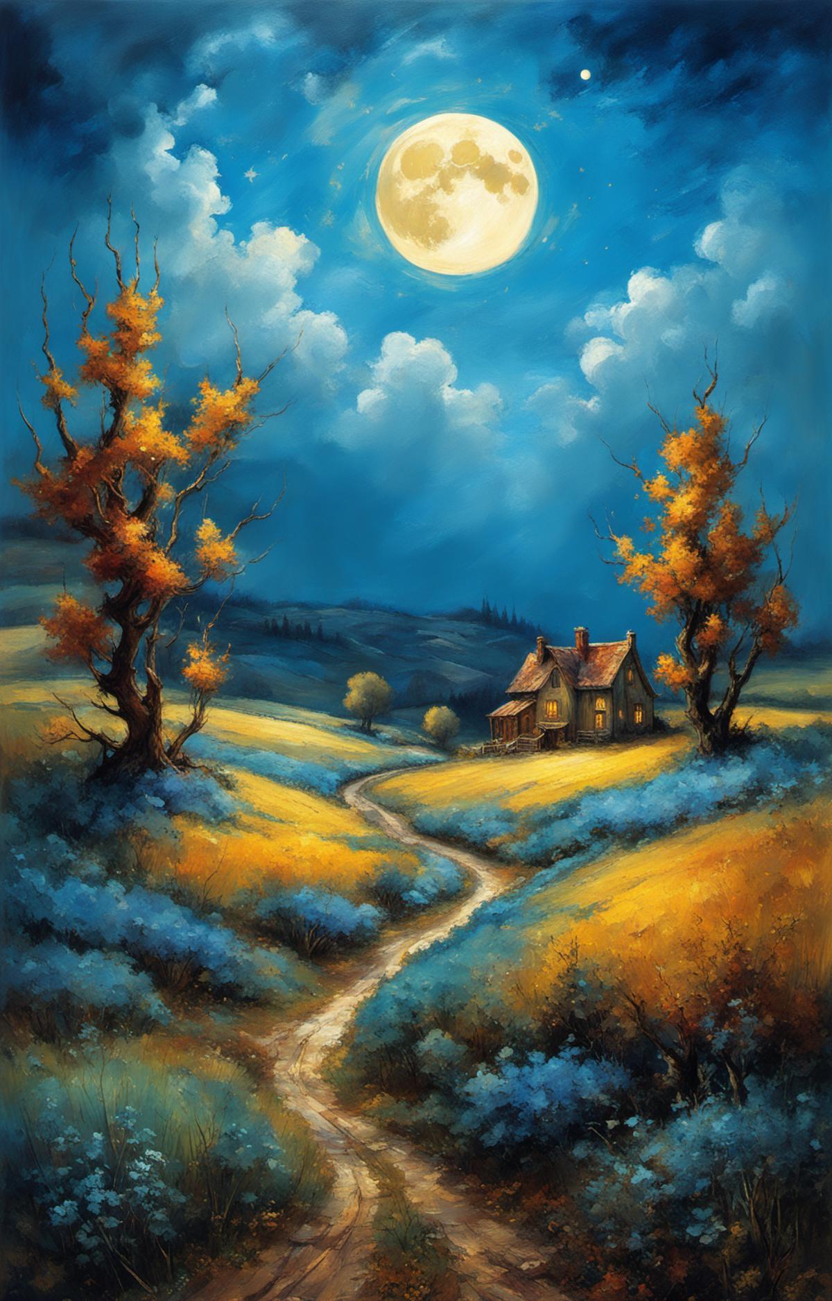 A painting of a country road leading to a house with a full moon in the sky.