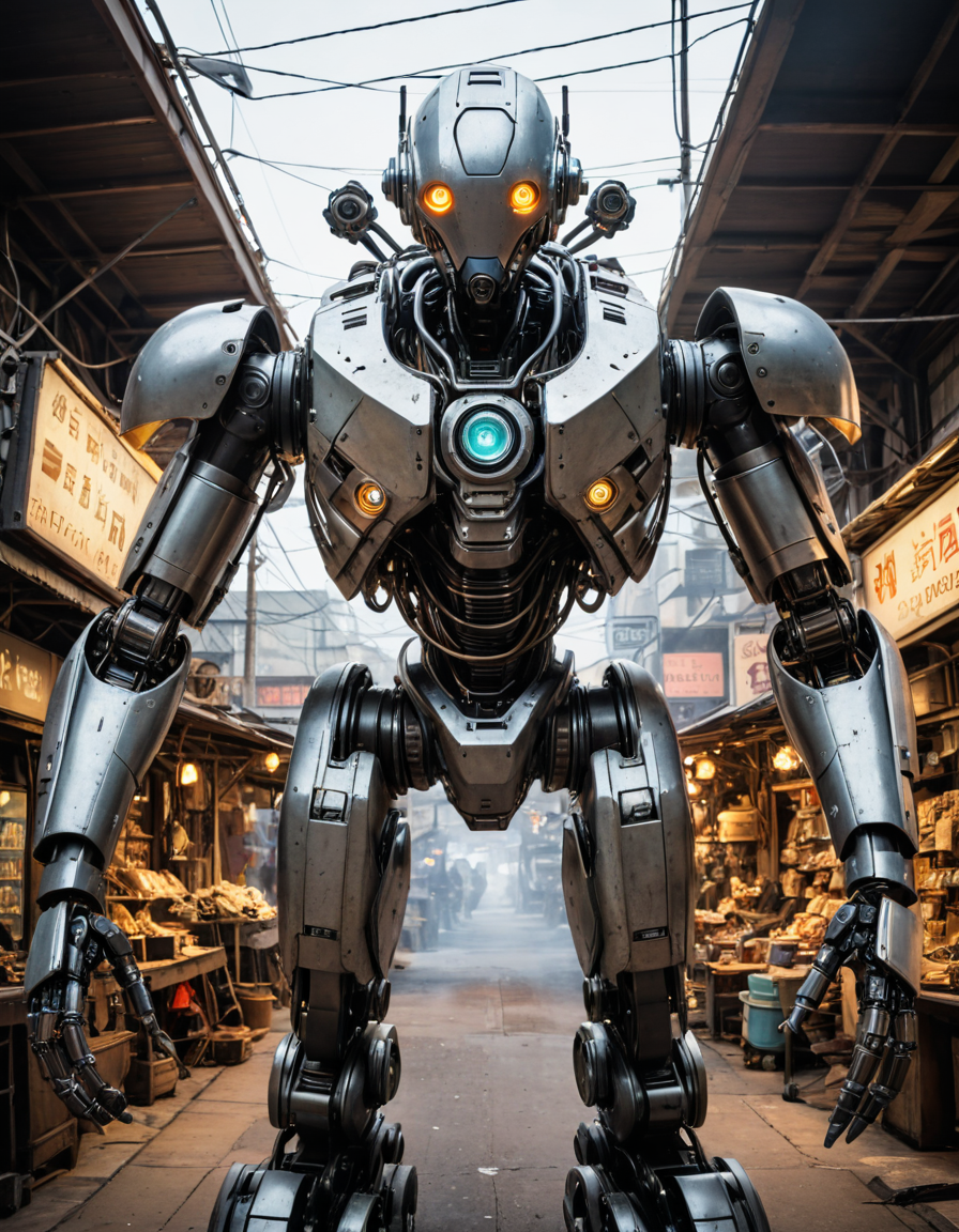 nomad trading post, traveling merchants, bartering, diverse goods (combustion, worm's eye view:), mansized Cybernetic robot , android, AI, machine, metal, wires, tech, futuristic, highly detailed, (masterpiece, intricate details:1.2)