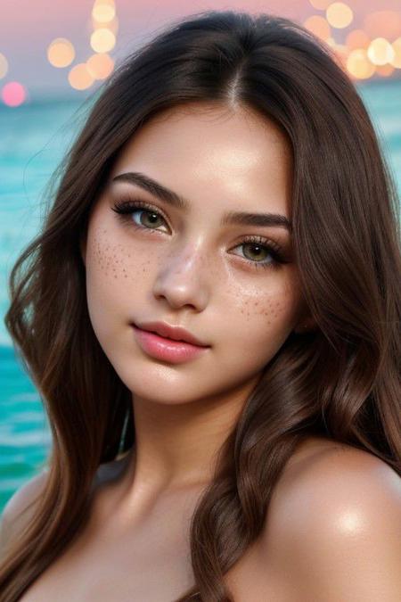 (this girl is call maria magdalene she is colombian of 19 years old,Skin: Light brown,
Hair: Long, curly, pastel orange,
Eyes: Turquoise, somewhat small,
Height: Average height,
Weight: A bit pudgy)1.2,embarrassed, blush,
(Premium Bling Butterfly Denim Bandeau Mini Dress, ):1.2, nightime beach , cartagena colombia ,best quality, masterpiece, ultra-detailed, Photorealism, realistic, A beautiful portrait of a cute girl's face, perfect facial ratios, perfect facial features, chubby full cheeks, blush on cheeks, red flush on cheeks, all attention given to the face, emphasizes on the cute cheeks, Soft and smooth skin texture, shiny skin, flawless complexion, shiny green eyes, eyelashes, natural eyebrows, rosy lips, cute small nose, cute face shape, warm and inviting smile, natural lighting, gentle shadows, detailed hair strands, black silky hair, hair on the sides framing the face, glossy highlights on the hair, rich and vibrant colors, vibrant and warm background, complementary colors to enhance the girl's features, captivating expression, engaging eyes, intricate details on eyelids and lashes, flawless complexion,mild freckles Life-like textures, minute details, every aspect of the face made clear and visible, picture fills the canvas, (shiny skin),