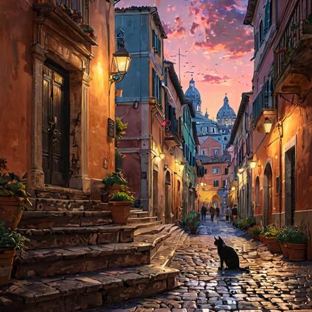 Masterpiece, Concept Art, A busy Alley in Rome Italy, tourists shopping, magical evening sky, black 1cat sits of steps observing, vibrant, aesthetic , extreme details, 8k resolution detailed, trending on artstation, pastel colours <lora:MJ52:0.5>