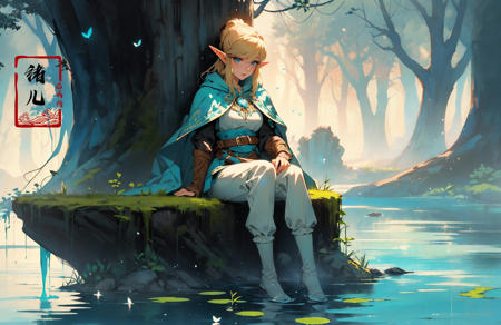 legend of zelda link between forest and ice, in the style of romantic illustrations, goblin academia, green and bronze, romantic manga, detailed costumes, post-painterly, dark cyan and beige
leafeye contactsitting
(best quality),((masterpiece)),(highres), (extremely detailed 8K wallpaper),epic lighting,looking at viewer,(Slim body:1.1)(Wet ground:0.8),SurrealismUnreal 5pov,
{Extremely Delicate Beautiful},(detailed eye description),((Delicate Faces)),(Beautiful and detailed facial depiction),Realistic skin, realistic light and shadow,elf earsvery long hair,  hair up, (large_breasts:1.2)
flower, FireflyLakelight smile, butterfly on head, forestlook back, grassland(upper body:1.2)
(imid shot,macro shot:1.25),fu'll body(long legs:1.4)(imid shot:0.95),(eyeshadow,eyeliner:1.4),
[(white background:1.6)::5],(imid shot:0.95),(full body:1.25),Dynamic angle,[Bottle bottom]],closed up
colorful Altocumulus,(falt color:1.3),colorful,floating colorful wind,(Highest picture quality), (Master's work), (Detailed eye description),(imid shot,macro shot:1.25),(8K wallpaper), (Detailed face description),depth of field,(lens flare),floating colorful water,
outdoors,ruins,(moss:1.2),floating rain,stream,wilderness,small dust, ((breeze)), wind, summer,sunlight,
road by the seaMountains and forests,water,wading,partially_submerged,(Strong sunlight:1.2),(Altocumulus:1.2),bird, butterfly, falling petals,
(fairyl church:1.1),(fairy,ornate:1.2),(Magic Array:1.5)(cape:1.2), (Fairy dressFairy wing:1.1)shiny skin,(random hair style),sitting,
(imid shot,macro shot:1.25),(Detailed face description),(Detailed hair description),(Detailed clothes description),
<lora:~Q?-X^\legend of zelda:0.8>