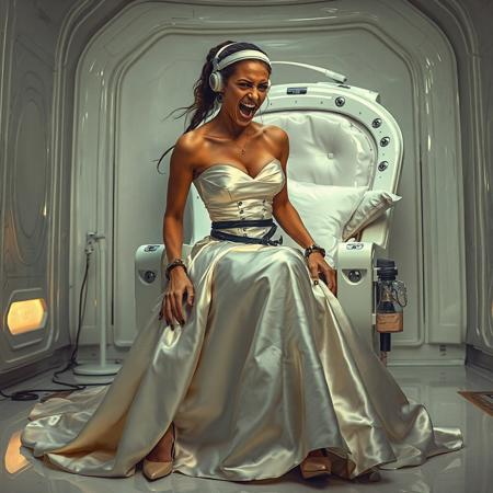 A slender, arrogant bride, dressed in a luxurious, rich fantasy satin wedding gown with a fitted, boned corset and a full, flared skirt, paired with satin high heels, struggles to break free from her restraints, her face contorted in a scream of desperation. The brainwashing headband, is secured to her temples, connected to a  futuristic superconputer rack. Her hands and ankles are bound to a biomechanical white chair, adorned with wet-look glossy pearl pillows, by massive steel restraints, accentuating her ultra-thin waist. she is drugged from standing drop counter with weird medicine. The scene is set in a sterile, empty chamber, with a glossy mother-of-pearl finish, evoking a sense of futuristic dread. Inspired by the cinematic styles of Ridley Scott, Guillermo del Toro, and H.R. Giger, with a blend of sci-fi and horror elements, this full-body portrait is a masterpiece of cinematic storytelling, shot on a virtual v-raptor XL camera, with a warm, film-grained aesthetic, subtle vignette, and rich color grading, reminiscent of 35mm film, with dramatic, atmospheric lighting, inviting the viewer to immerse themselves in this epic, stunning scene.