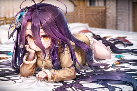 Shuvi, 1girl, solo, purple hair, yellow eyes, very long hair, hair between eyes, hoodie, on bed, indoors, upper body, lying, arm rest, perfect hands
 <lora:Shuvi-UC-v1:1.0>
(masterpiece, best quality, ultra-detailed)