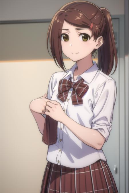 akosuminoe, <lora:ako suminoe ova-lora-nochekaiser:1>,
ako suminoe, short hair, brown hair, hair ornament, (brown eyes:1.5), ponytail, hairclip, smile,
BREAK skirt, shirt, school uniform, white shirt, socks, plaid, kneehighs, plaid skirt,
BREAK indoors, classroom,
BREAK looking at viewer, (cowboy shot:1.5),
BREAK <lyco:GoodHands-beta2:1>, (masterpiece:1.2), best quality, high resolution, unity 8k wallpaper, (illustration:0.8), (beautiful detailed eyes:1.6), extremely detailed face, perfect lighting, extremely detailed CG, (perfect hands, perfect anatomy),