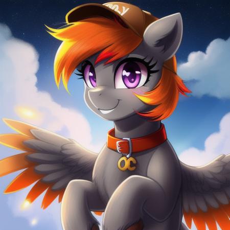 feral pony, portrait, ((sky)), ((cloud)) (masterpiece), (raytracing), (cinematic lighting), triadic lighting, High Definition, light particles, (shading), ((((smooth gray fur)))), clear eyes ((shiny gray coat)), (((glowing clear eyes))), ((pony)), ((long orange hair)), ((four hooves)) female, mare, {my little pony}, ((orange tail)), (((cute))), ((detailed eyes)), ((two eye's)), ((one purple eye)) ((one yellow eye)), midnight, ((brown shirt)), (((brown baseball cap))), ((blue collar)), ((((red highlight's)))), ((((yellow highlights)))) ((3 colour's in hair)), ((smile)), ((small body)), ((filly)), ((((flying)))), pegasus, mauve feathered wing, (((back wings)))