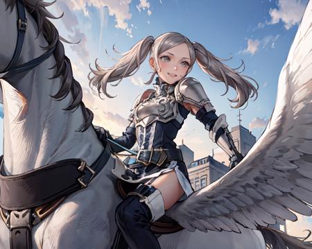 (from below:1.5),(flying in the sky:1.1),<lora:riding_pegasus:1>,riding_pegasus,pegasus,(horseback_riding,riding,saddle,reins:1),<lora:Cynthia:0.7>,1girl,smile,cynthia, grey hair,twintails,thighhighs, gloves, armor, short dress, boots,thigh boots, dress,elbow gloves, zettai ryouiki,breastplate, shoulder armor, belt, garter straps,outdoors,(masterpiece, best quality, ultra-detailed, best shadow)