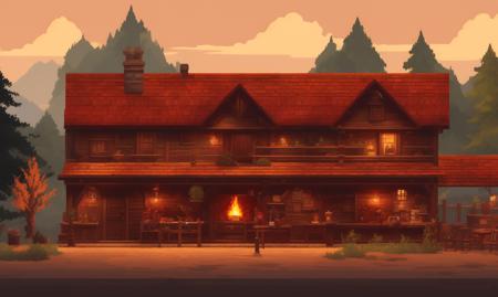 pixelart  video game environment, Produce an image of a charming and cozy tavern, with a roaring fireplace, a friendly bartender, and the sound of laughter. Show the community, the warmth, and the sense of belonging that comes with gathering in a cozy pub.