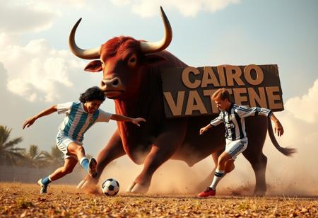 In a heavenly scene with soft clouds and a golden glow, legendary soccer players Diego Armando Maradona and Antonello Cuccureddu are playing soccer with joyful intensity. Maradona, in his iconic Argentine jersey, skillfully dribbles the ball while Cuccureddu, in his Juventus kit, races to challenge him. Behind them, a massive burgundy-colored bull, powerful and fierce, snorts clouds of steam, showing its strength and determination. In the background, a huge, ornate cardboard sign reads ‘CAIRO VATTENE’ in bold letters, capturing the passion of the moment. The scene mixes nostalgia, sportsmanship, and a sense of defiance.