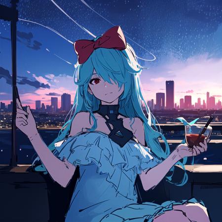 sinestrea, 1girl, aqua hair, bare shoulders, smile, sleeveless white dress, frown hair bow, hair over one eye, one eye covered, long hair, medium breasts, red bow, red eyes, <lora:Sinestrea:1>,sitting on the (skyline:cityscape:1.2), the night sky with stars and the milky, a photo by Fred A. Precht, featured on unsplash, space art, photo taken with ektachrome, nightscape, sense of awe, [pixel-perfect duplicate], [detail], [lighting], detailed shadow, trending on artstation, night, sky, <lora:概念-Sky:0.7>, cup, holding cup