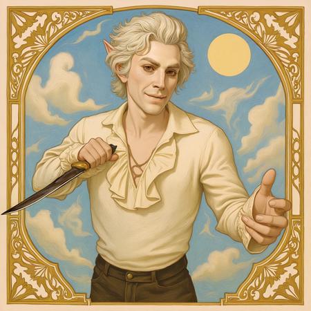 Astarion, Baldur's Gate 3, Baldurs Gate 3, white haired elf man holding a knife, simple steel knife, point ears, pale white skin, pale, pale skin, vampire, smile, long sleeves, happy, grin,
art nouveau style, Alphonse Mucha Style, ArsMJStyle, Art Nouveau, AlfMch, style of Alphonse Mucha,
best quality, ultra-detailed,