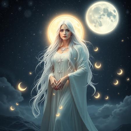 A majestic and ethereal Moon Goddess standing under a star-filled night sky. She has radiant pale skin that glows softly like moonlight, long flowing silver or white hair, and eyes that shimmer like the cosmos. She wears an elegant celestial robe adorned with stars, constellations, and moon symbols. A luminous full moon hovers behind her like a halo, casting a soft, silvery glow. Her presence is serene and divine, surrounded by floating stardust, misty clouds, and glowing crescent-shaped ornaments. The background features a cosmic landscape—craters, stars, and nebulae. Fantasy, divine, ultra-detailed, dreamlike atmosphere, high-resolution.