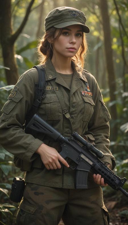 DEN_nora_rivers,
(a (soldier:1.1) in the jungle on manoeuvrers wearing (army fatigues:1.2) and holding a rifle, (camouflage:1.2), military, uniform, military, camouflage uniform:1.2),
bokeh,f1.4,40mm,photorealistic,raw,8k,textured skin,skin pores,intricate details,<lora:epi_noiseoffset2:1>,<lora:ClothingAdjuster3:-1>,
bokeh,f1.4,40mm,photorealistic,raw,8k,textured skin,skin pores,intricate details,<lora:epi_noiseoffset2:1>,<lora:crowd_notrigger:1>,BeyondSDXLv3,, ultra quality, ultra detailed, intricate details, 8k, hdr, epic realistic, tilt-shift, Bokeh, dramatic light, dynamic lighting, golden hour, moody lighting, night time, shadow, award-winning, ultrarealistic, octane<lora:whos_in_whoville:1><lora:whos_in_whoville:1>